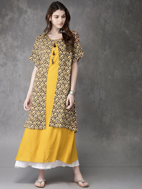 

Anouk Women Mustard Yellow & Brown Printed Layered A-Line Kurta