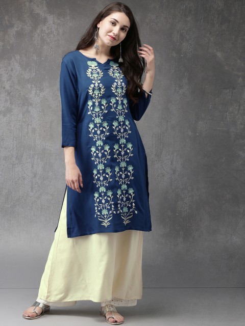 

Anouk Women Blue & Cream-Coloured Woven Design A-Line Kurta
