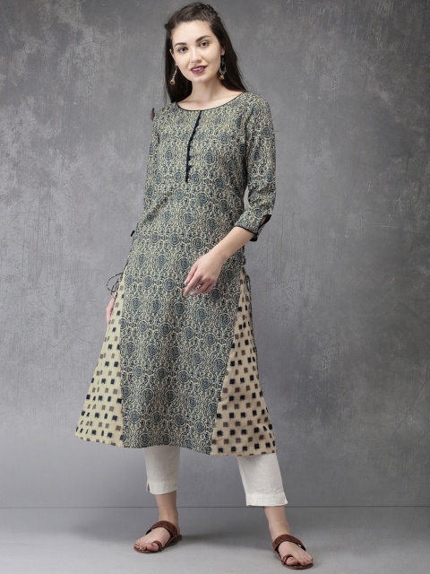 

Anouk Women Beige & Blue Printed A-Line Kurta