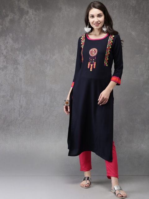 

Anouk Women Navy Blue Woven Design Straight Kurta