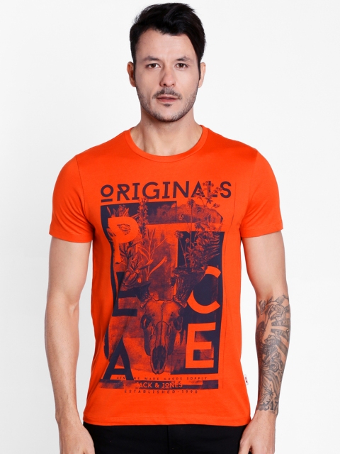 

Jack & Jones Men Orange Printed Round Neck Slim Fit T-shirt