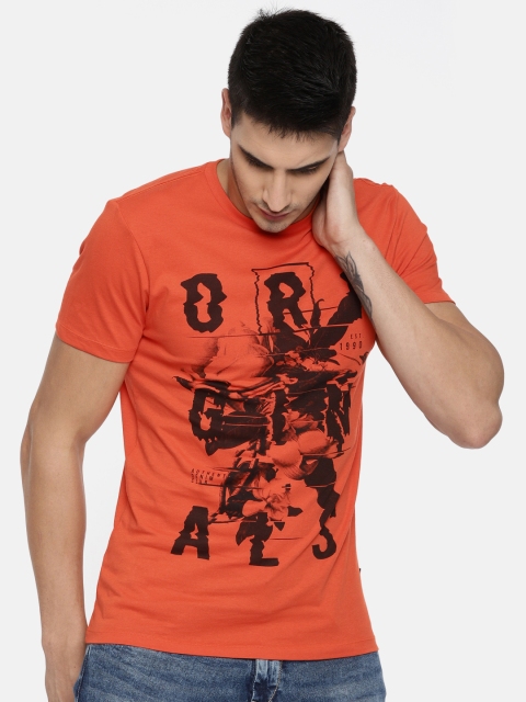 

Jack & Jones Men Orange Printed Round Neck Slim Fit T-shirt