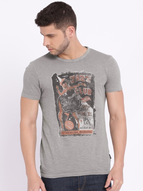 

Jack Jones Men Grey Printed Round Neck Pure Cotton T-shirt