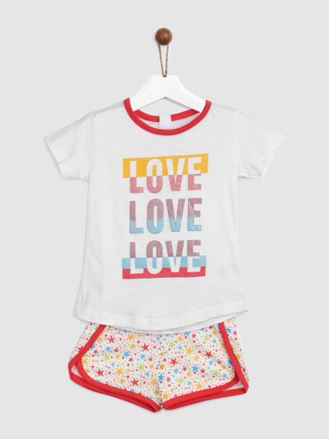 

YK Girls White & Red Printed T-shirt with Shorts