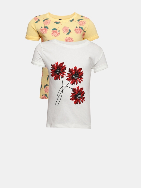 

YK Girls Pack of 2 Printed Round Neck T-shirts, White
