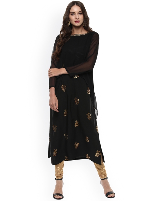 

Janasya Women Black & Gold-Toned Printed A-Line Kurta