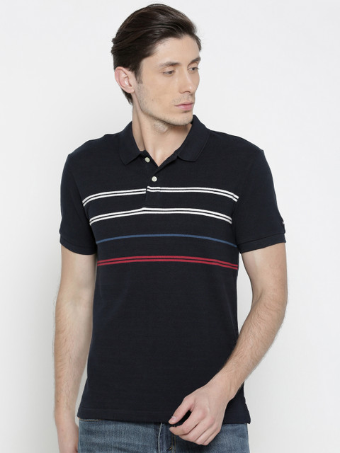 

Arrow Sport Men Navy Blue Striped Polo Collar Pure Cotton T-shirt