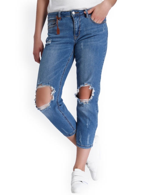 

Only Women Blue Straight Fit Mid-Rise Slash Knee Jeans