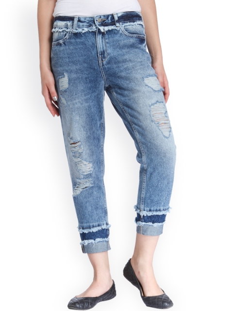 

ONLY Women Blue Boyfriend Fit Mid-Rise Mildly Distressed Cropped Jeans