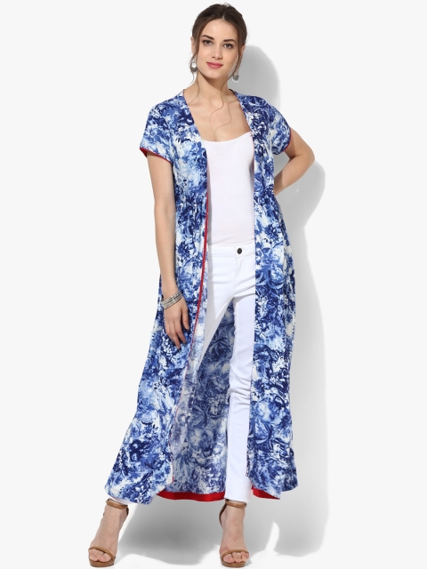 

Sangria Blue & White Printed Open Front Shrug