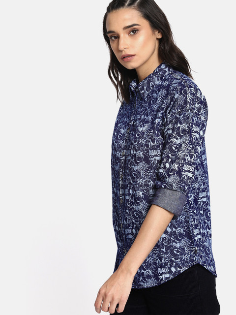 

Kook N Keech Marvel Women Navy Regular Fit Printed Casual Shirt, Navy blue