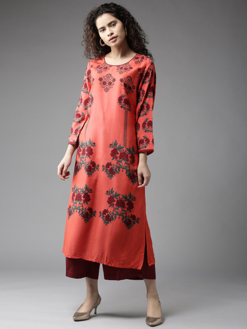 

Moda Rapido Women Coral Pink & Burgundy Printed Straight Kurta