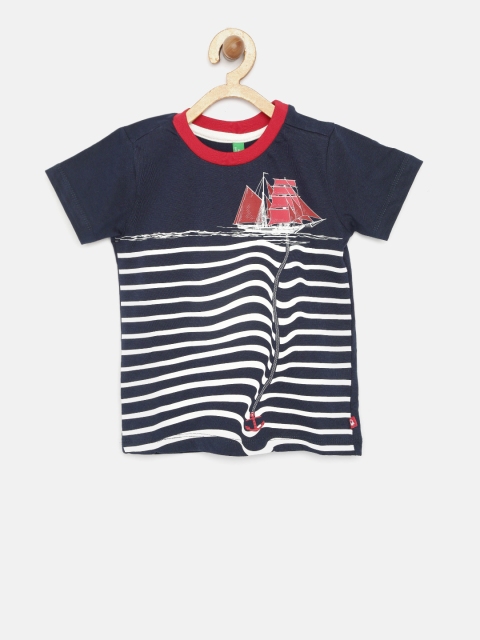 

United Colors of Benetton Boys Navy Blue Striped Round Neck T-shirt