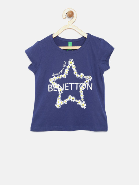 

United Colors of Benetton Girls Navy Printed Round Neck T-shirt, Navy blue