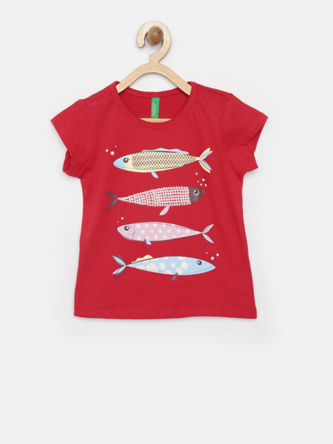 

United Colors of Benetton Girls Red Printed Round Neck T-shirt
