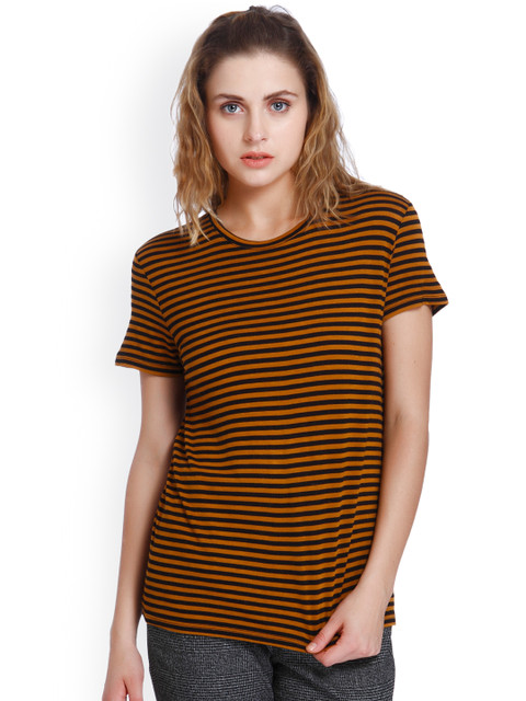 

ONLY Women Brown & Navy Striped Round Neck T-shirt