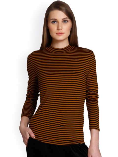 

ONLY Women Brown & Black Slim Fit Striped Round Neck T-shirt