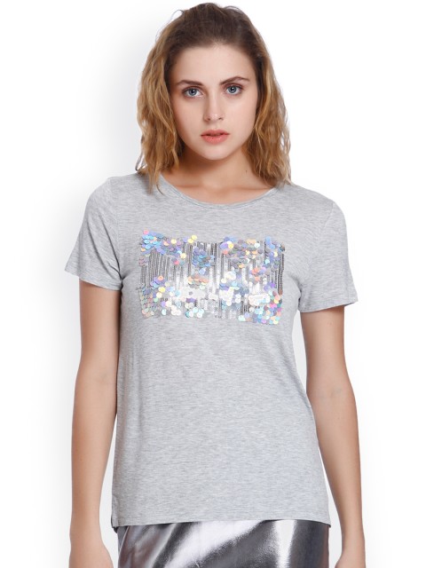 

ONLY Women Grey Self-Design Round Neck T-shirt