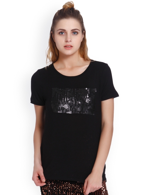 

ONLY Women Black Sequin Round Neck T-shirt