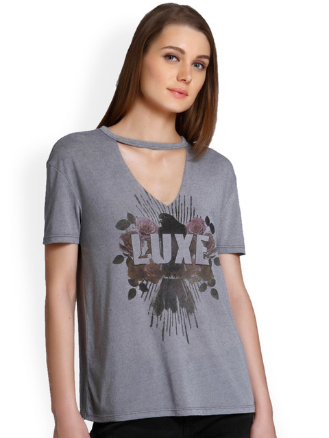 

ONLY Women Grey Printed Round Neck T-shirt