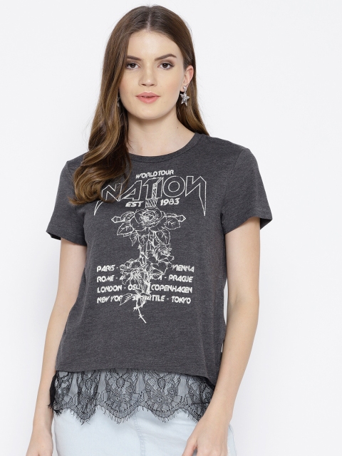 

ONLY Women Charcoal Grey Printed Round Neck T-shirt