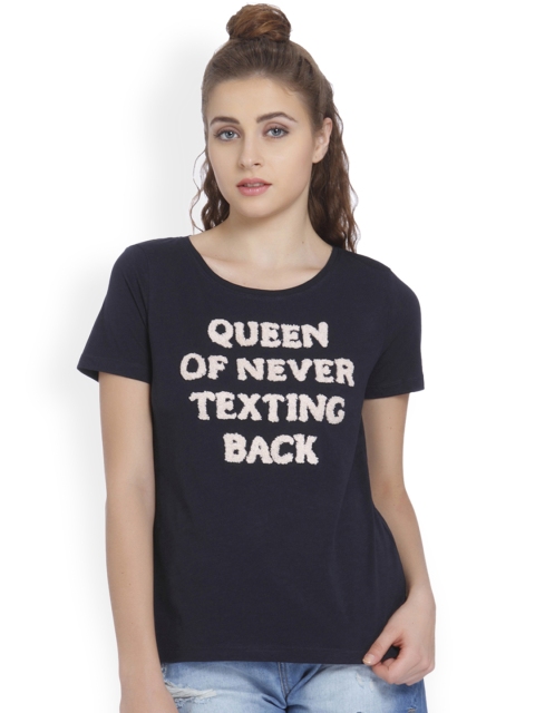 

ONLY Women Navy Self-Design Round Neck T-shirt, Navy blue