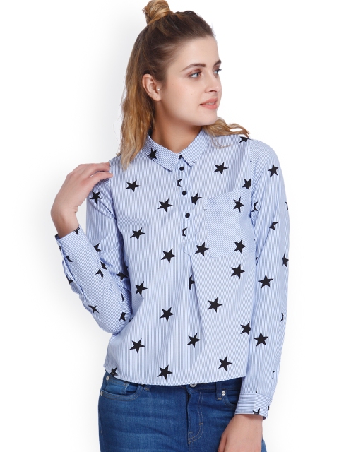 

Only Women Blue & White Slim Fit Striped Casual Shirt