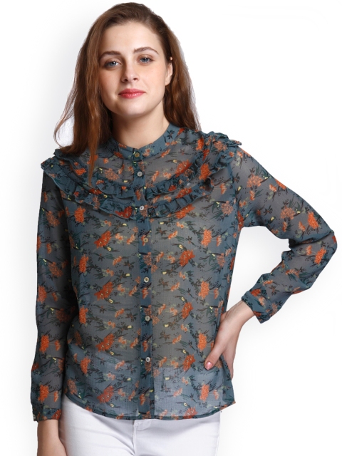 

Only Women Grey Slim Fit Printed Sheer Casual Shirt