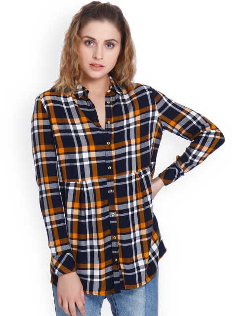 

Only Women Navy Blue & Off-White Regular Fit Checked Casual Shirt