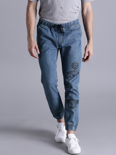 

Kook N Keech Marvel Men Blue Printed Jogger Mid-Rise Clean Look Jeans