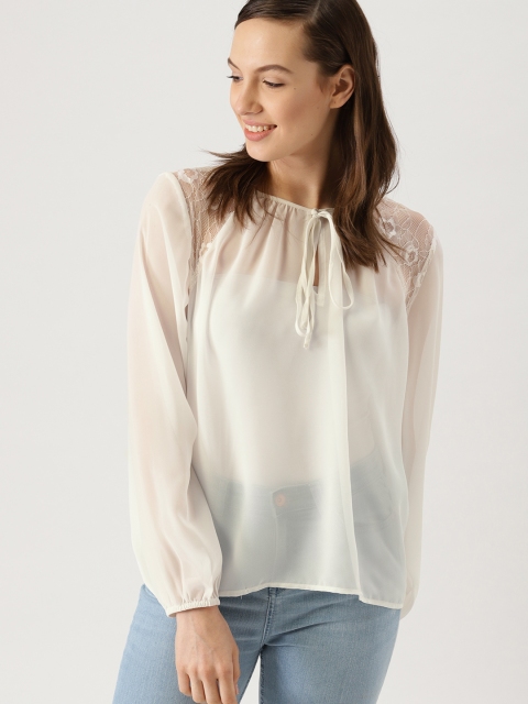 

DressBerry Women White Solid Sheer Top