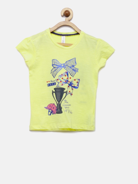 

U.S. Polo Assn. Kids Girls Yellow Printed Round Neck Pure Cotton T-shirt