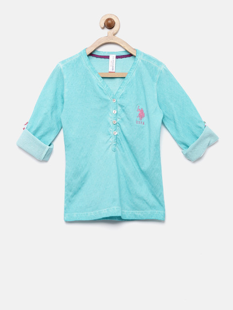 

U.S. Polo Assn. Kids Girls Blue Solid V-Neck Pure Cotton T-shirt
