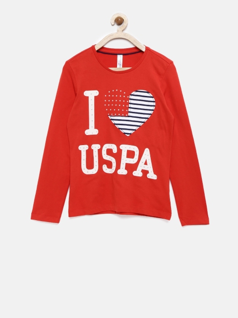 

U.S. Polo Assn. Kids Girls Red Solid Round Neck T-shirt