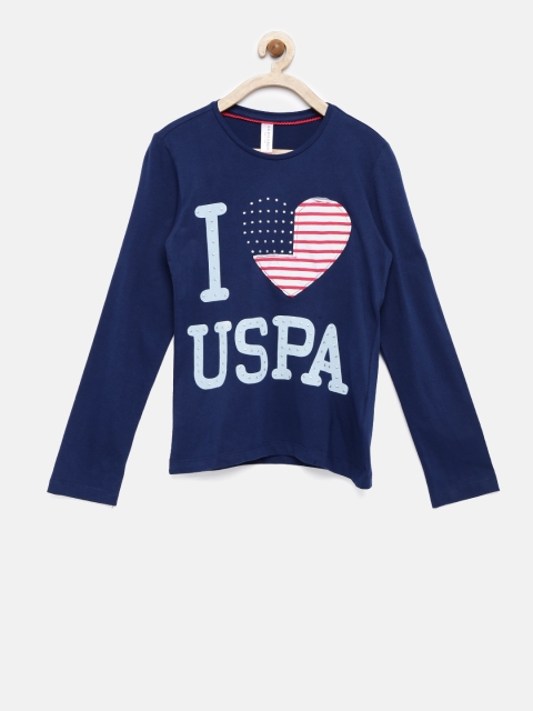

U.S. Polo Assn. Kids Girls Navy Blue Solid Round Neck T-shirt