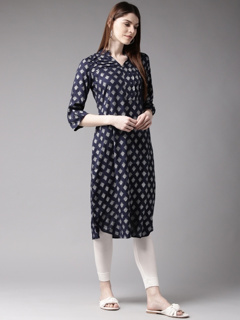 

HERE&NOW Women Navy Blue & Off-White Printed Straight Kurta