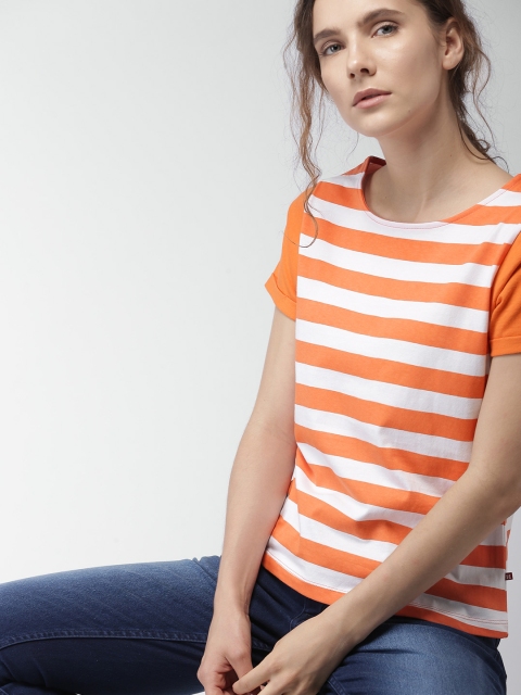 

Harvard Women White & Orange Striped Round Neck T-shirt