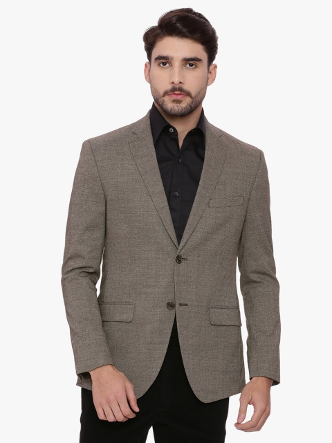 

SUITLTD Brown Self Design Checked Single-Breasted Woollen Slim Fit Casual Blazer