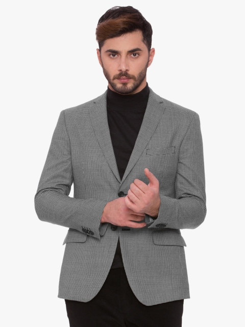 

SUITLTD Black & Grey Checked Single-Breasted Woollen Slim Fit Casual Blazer