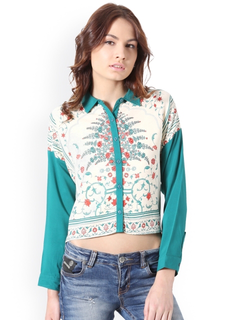 

People Women Green & White Colored Regular Fit Printed Casual Shirt