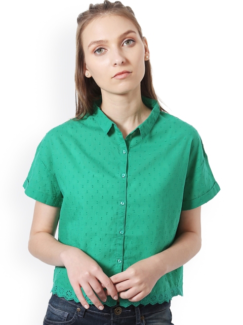 

People Women Green Regular Fit Self Design Casual Shirt