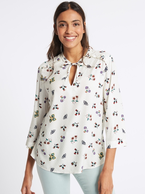

Marks & Spencer Women White & Navy Floral Print Top
