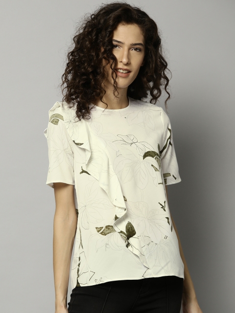 

Marks & Spencer Women Cream-Coloured Ruffled Floral Print Top