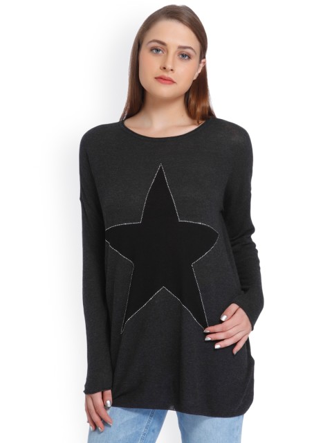 

Only Women Charcoal Grey Printed Longline Pullover