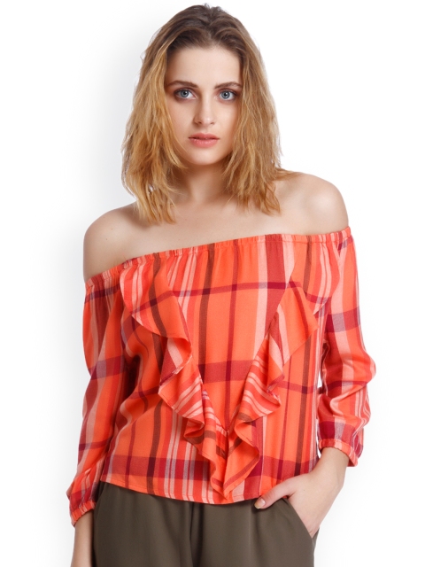 

ONLY Women Orange Checked Bardot Top