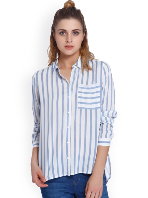 

ONLY Women White & Blue Regular Fit Striped Casual Shirt