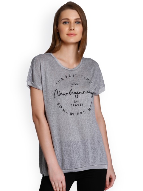 

ONLY Women Grey Printed Round Neck T-shirt