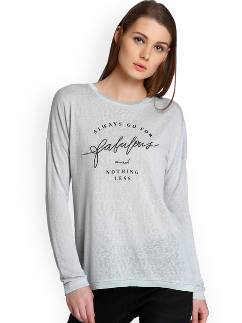 

ONLY Women Grey Printed Round Neck T-shirt