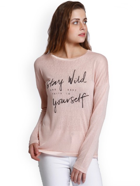 

ONLY Women Peach-Coloured Printed Round Neck T-shirt