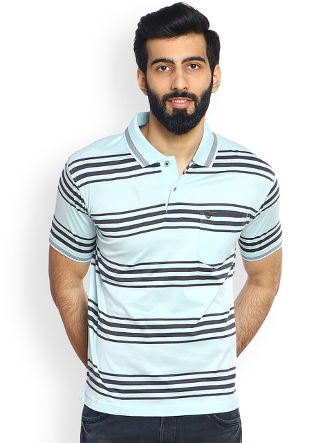 

Duke Men Turquoise Blue Striped Polo Collar T-shirt